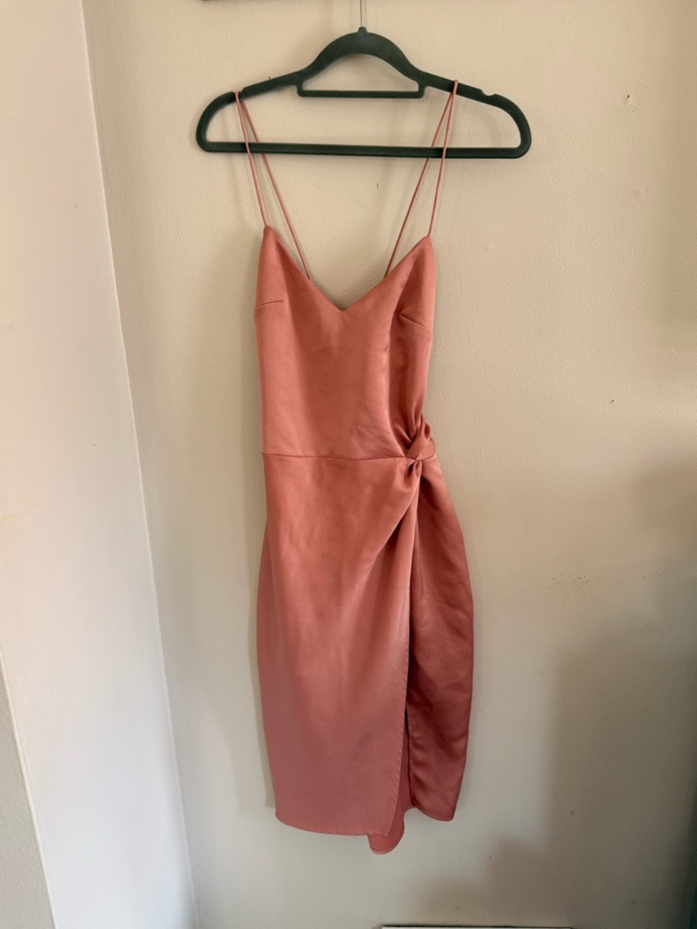 NBD Rose Pink Satin Midi Slip Dress with Side Knot